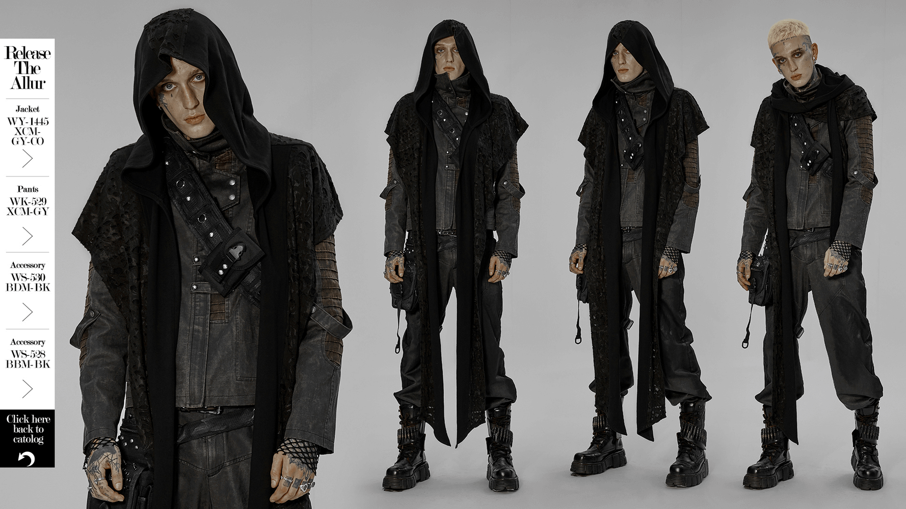 Edgy male model wearing dark deconstructed knit hooded cape, showcasing a post-apocalyptic fashion style.