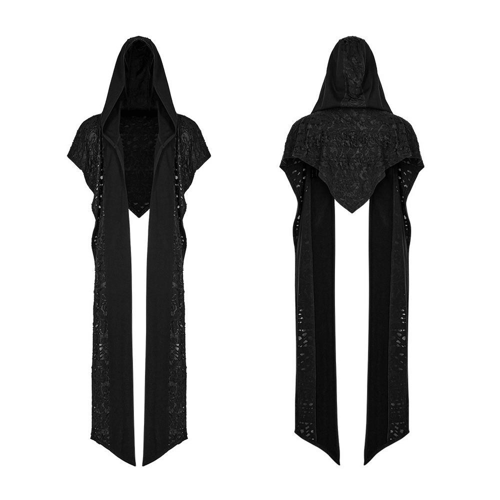 Male deconstructed knit hooded cape in black with long scarf, perfect for an edgy, post-apocalyptic style.