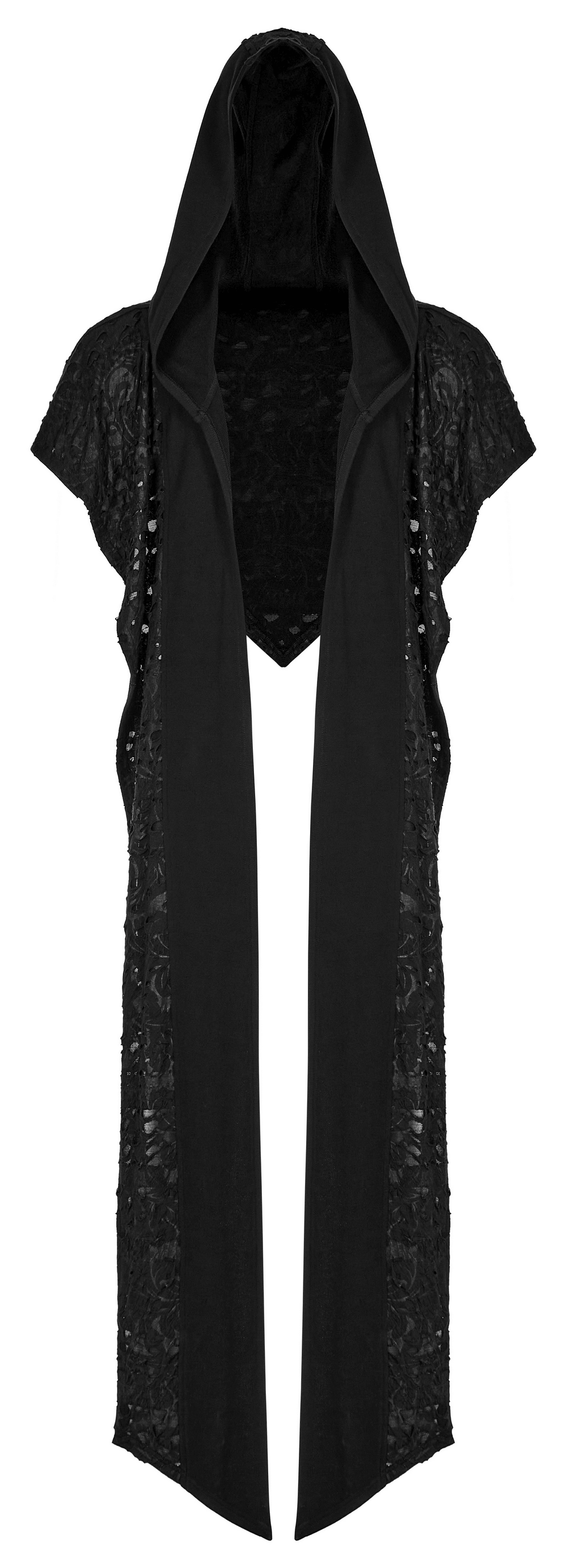 Male deconstructed knit hooded cape with long scarf in black, featuring distressed fabric for an edgy look.