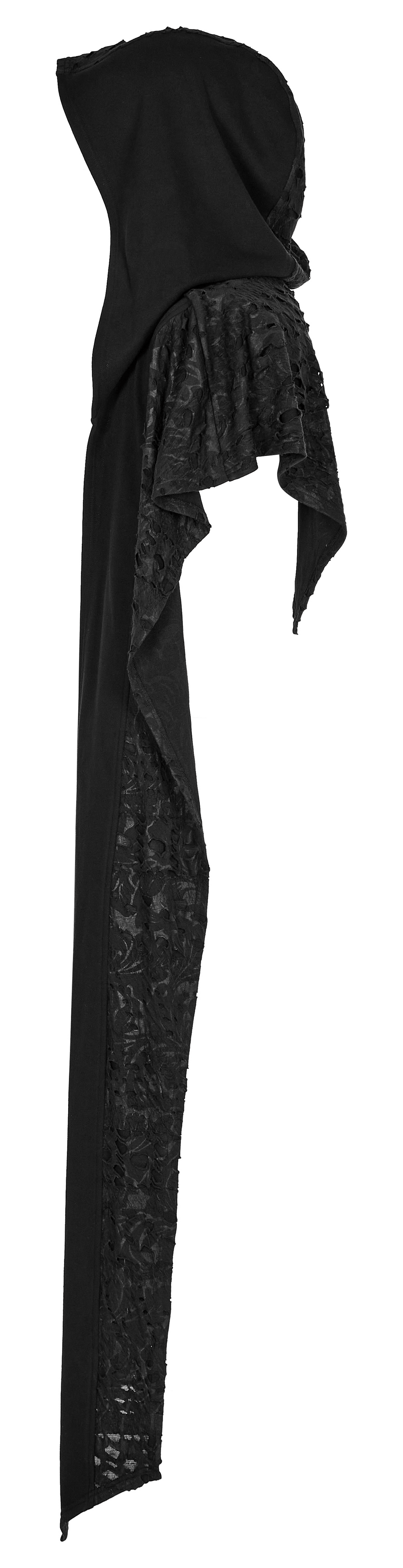 Male deconstructed knit hooded cape with long scarf, featuring a distressed black design for edgy style.