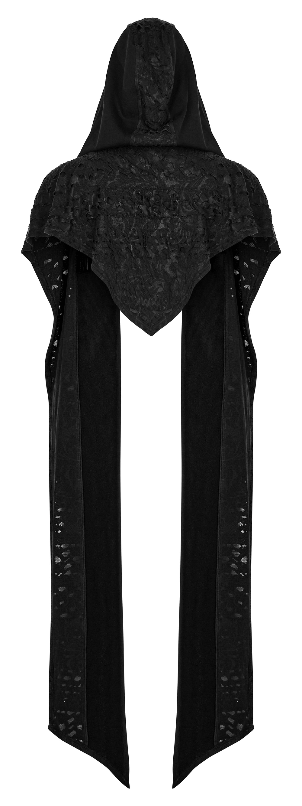 Male deconstructed knit hooded cape in black, featuring a distressed design and long scarf for an edgy, post-apocalyptic look.