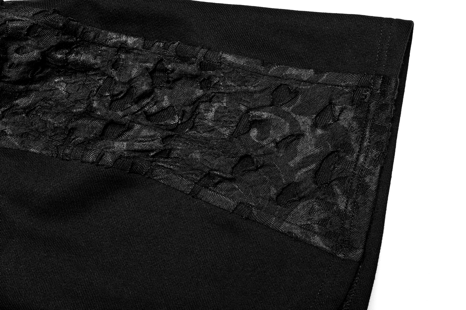 Close-up of dark knit fabric with textured lace detail, perfect for edgy fashion styles.