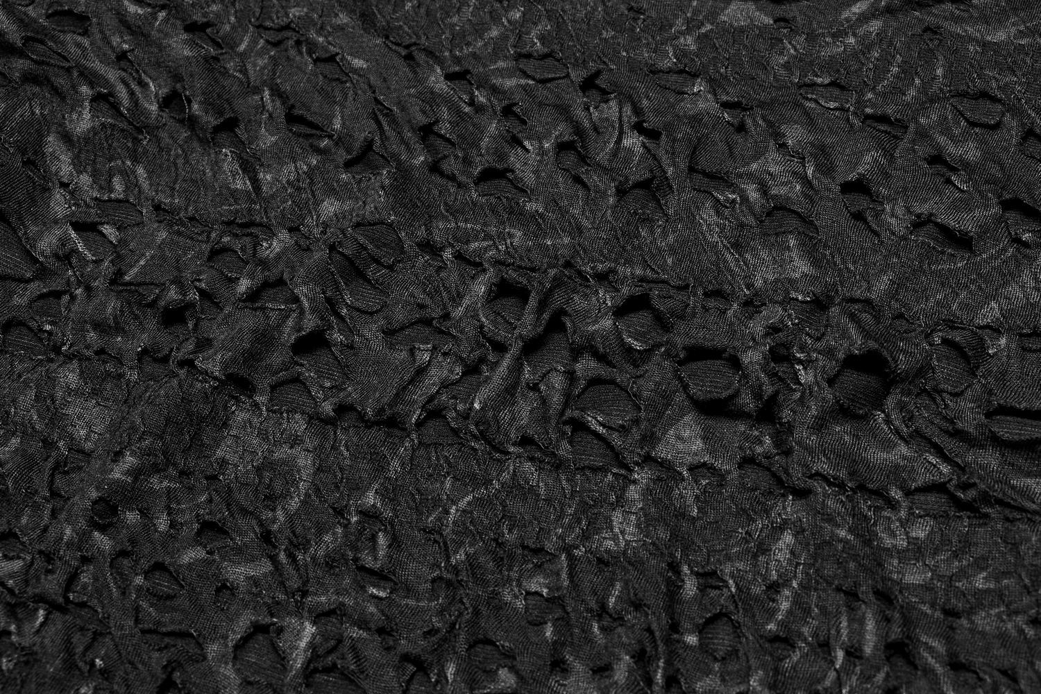 Distressed black knit fabric showcasing a textured, shredded design for a dark edgy look.
