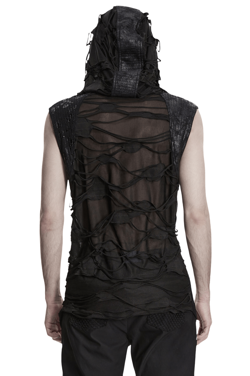 Male Distressed Hooded Gothic Asymmetrical Sleeveless Top