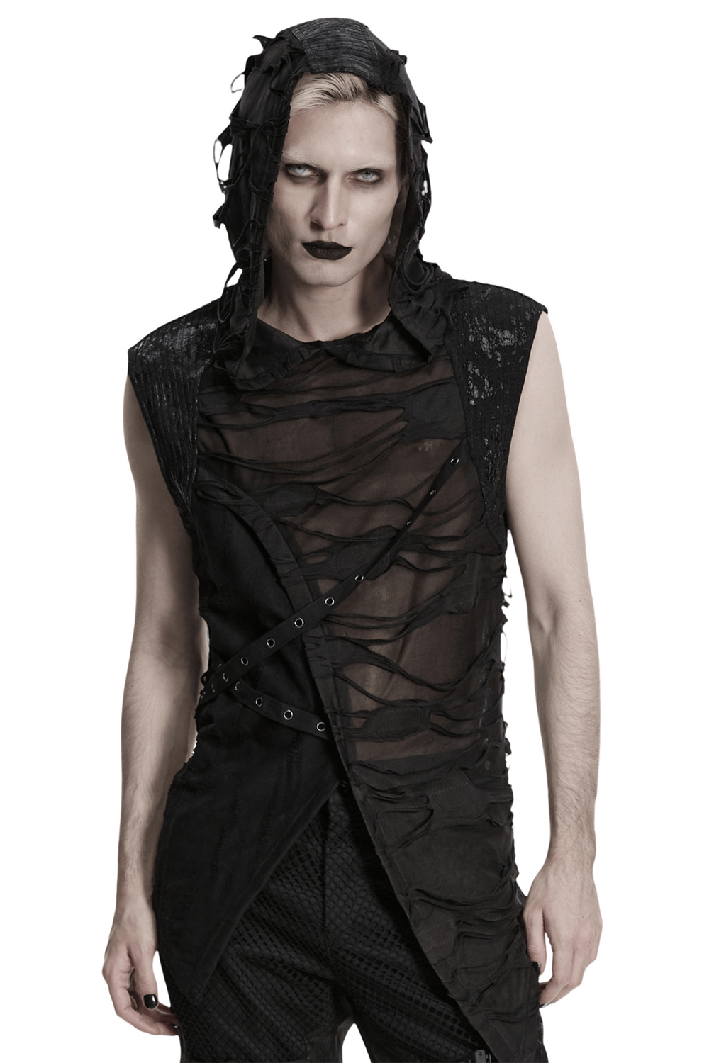Male Distressed Hooded Gothic Asymmetrical Sleeveless Top