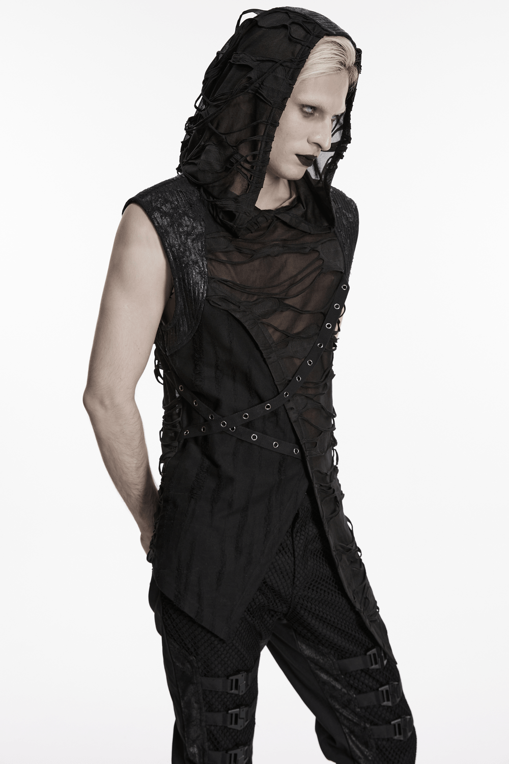 Male Distressed Hooded Gothic Asymmetrical Sleeveless Top