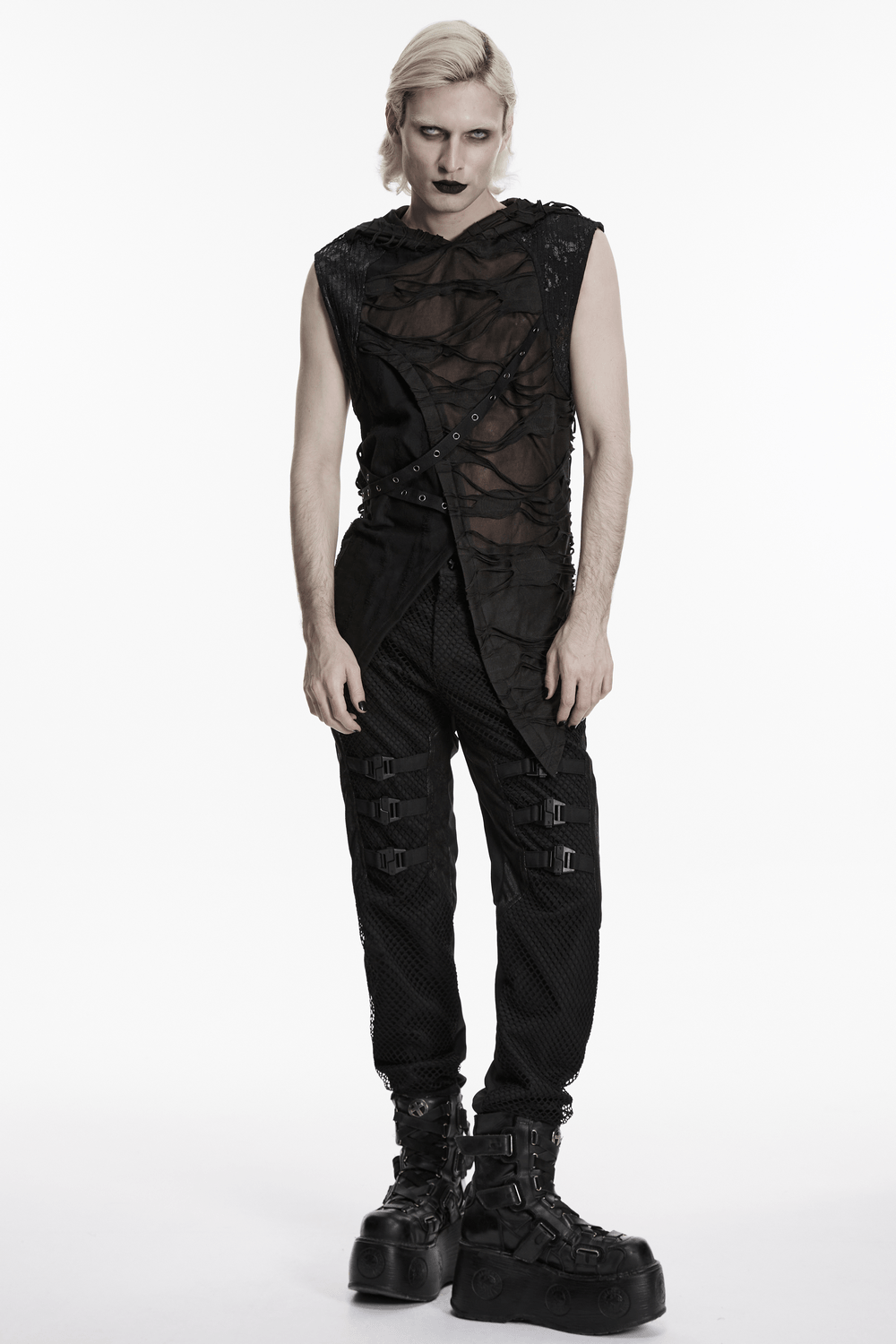 Male Distressed Hooded Gothic Asymmetrical Sleeveless Top