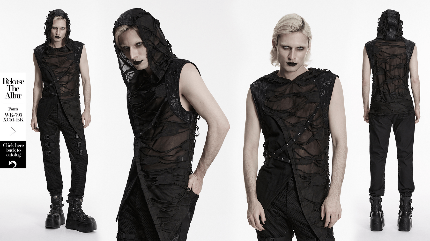 Male Distressed Hooded Gothic Asymmetrical Sleeveless Top