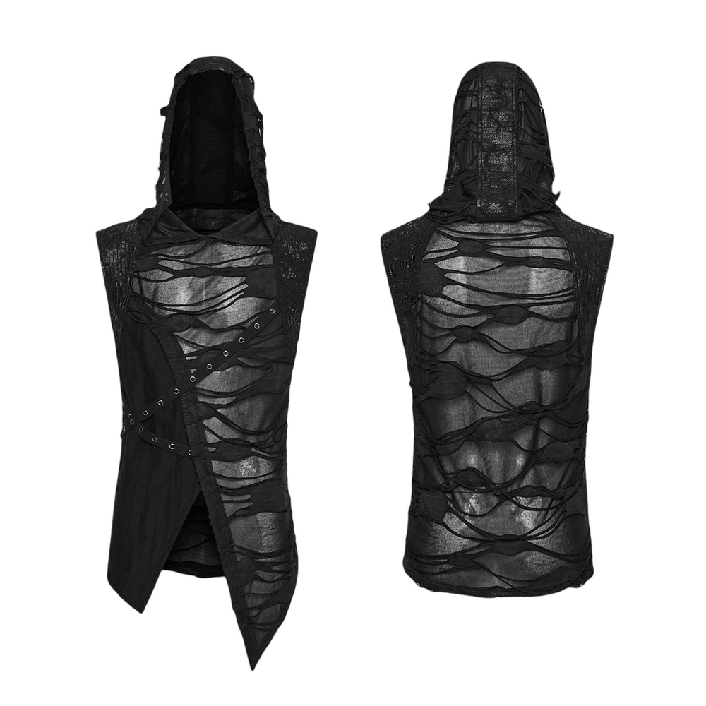 Male Distressed Hooded Gothic Asymmetrical Sleeveless Top