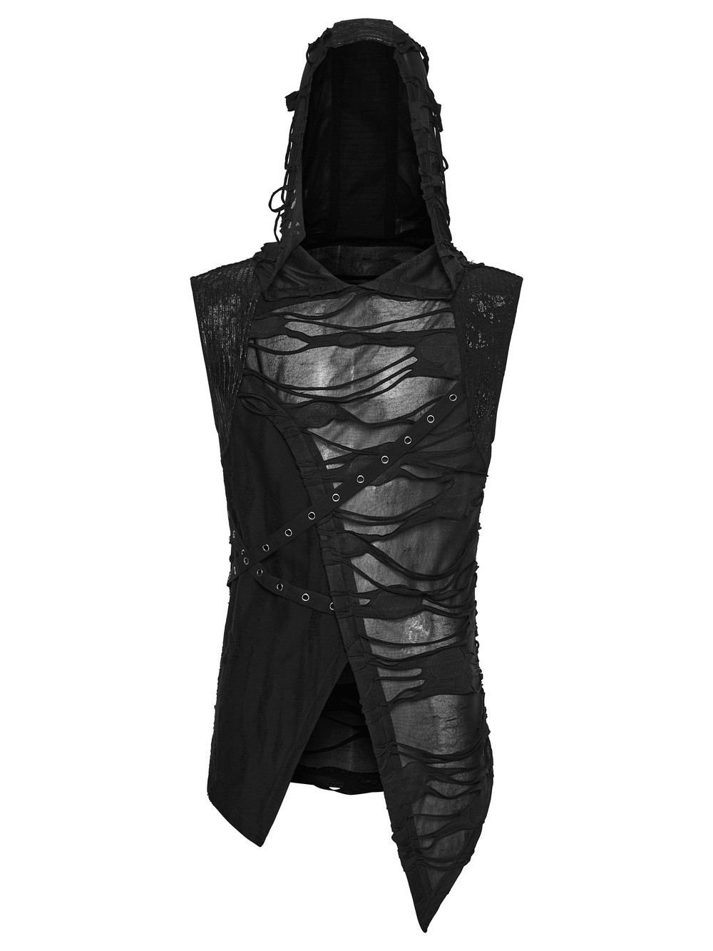 Male Distressed Hooded Gothic Asymmetrical Sleeveless Top