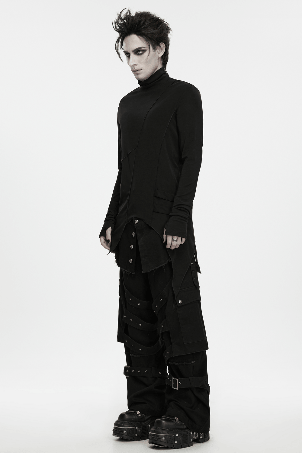 Male Gothic Asymmetric Turtleneck Top with Split Hem