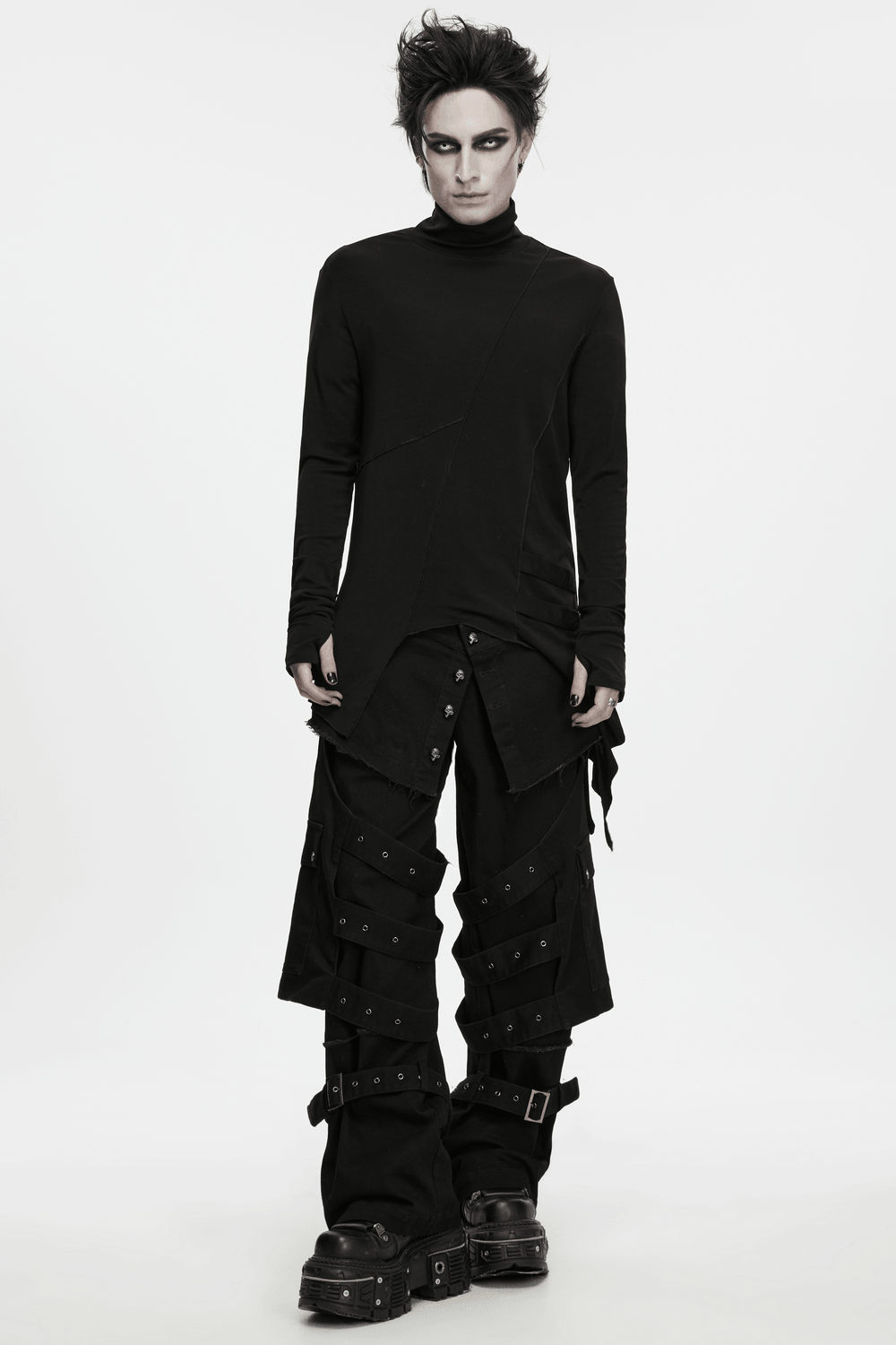 Male Gothic Asymmetric Turtleneck Top with Split Hem