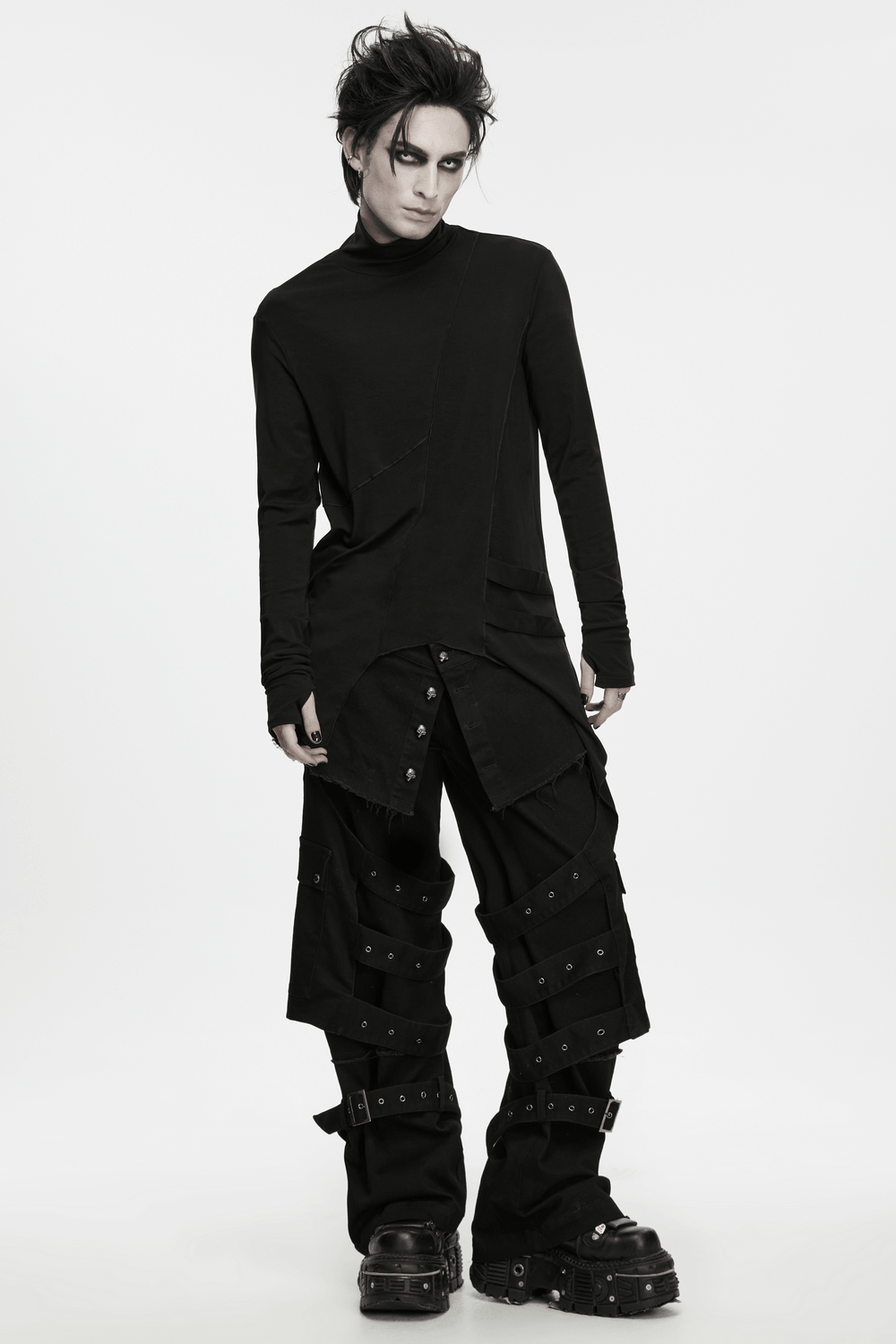 Male Gothic Asymmetric Turtleneck Top with Split Hem