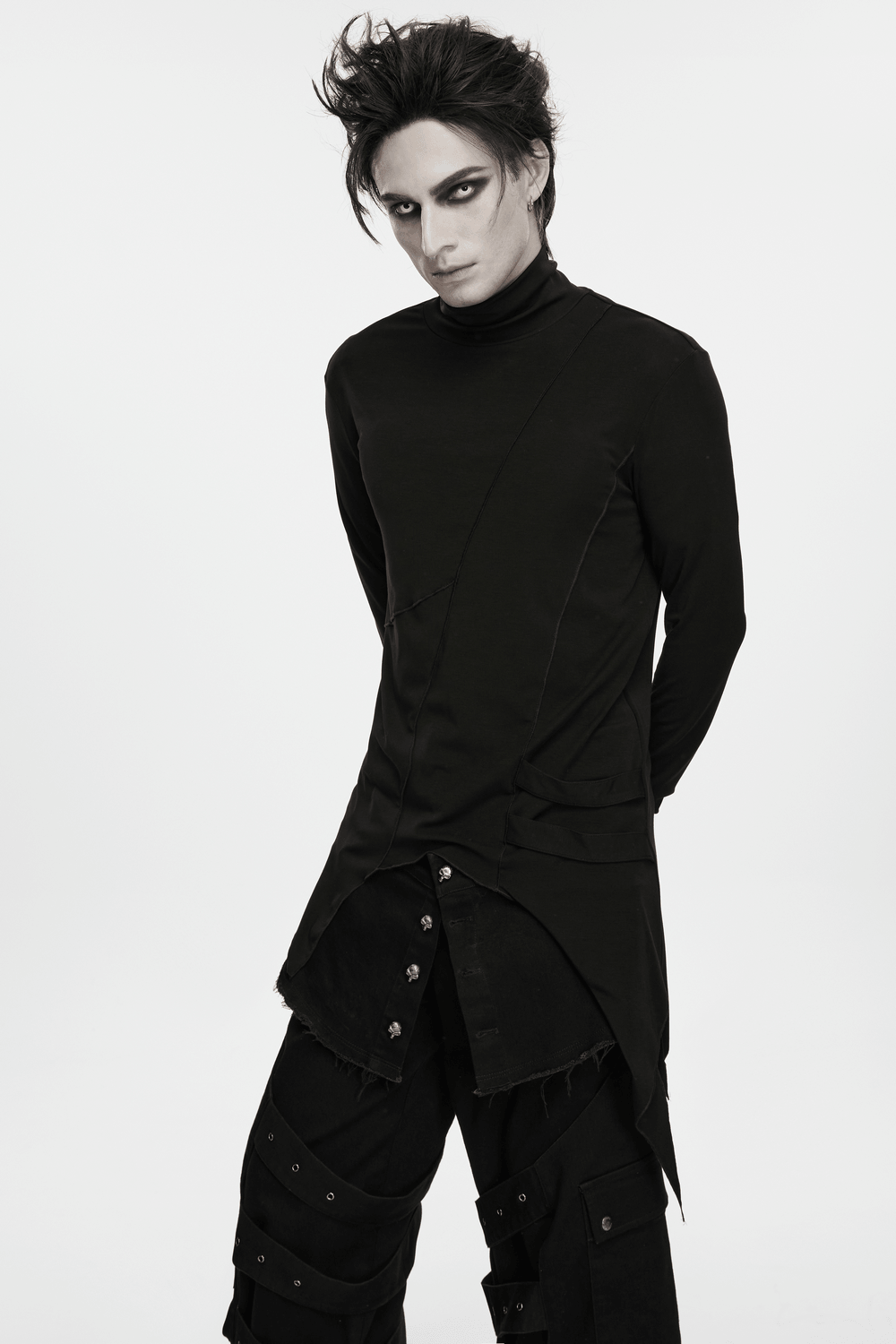 Male Gothic Asymmetric Turtleneck Top with Split Hem