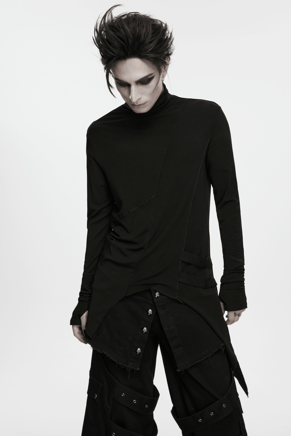 Male Gothic Asymmetric Turtleneck Top with Split Hem