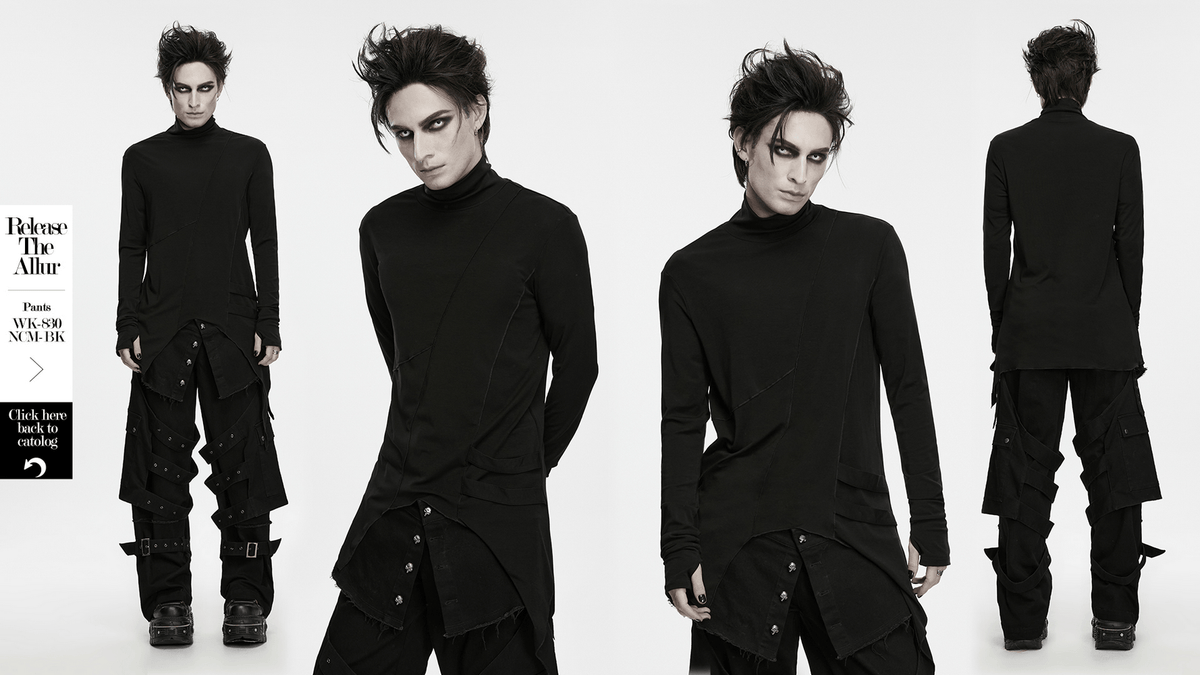 Male Gothic Asymmetric Turtleneck Top with Split Hem