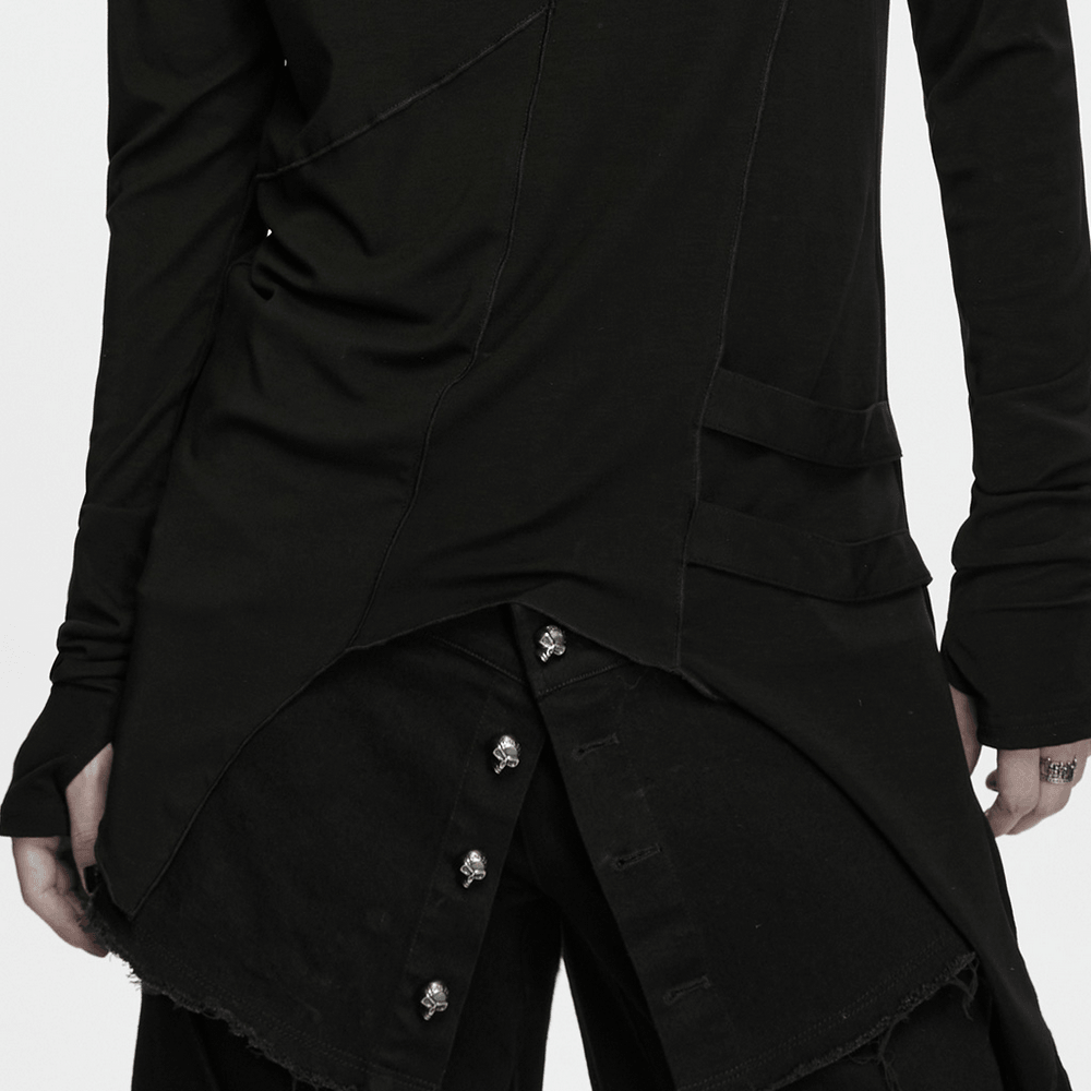 Male Gothic Asymmetric Turtleneck Top with Split Hem, black deconstructed goth top with split seams and layered hem