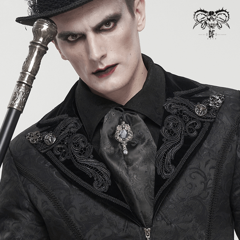 Men's gothic vintage black tie with crystal brooch, styled with intricate details and dark attire, perfect gothic fashion accessory.
