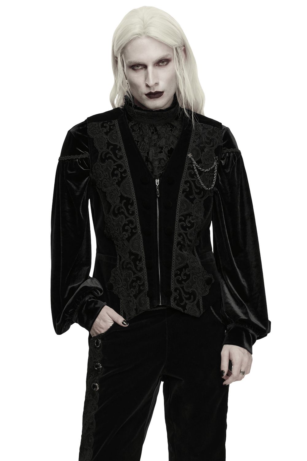 Male Gothic Black Velvet Embroidered Waistcoat with Brooch, dark embroidered velvet vest with chain detail and buckles