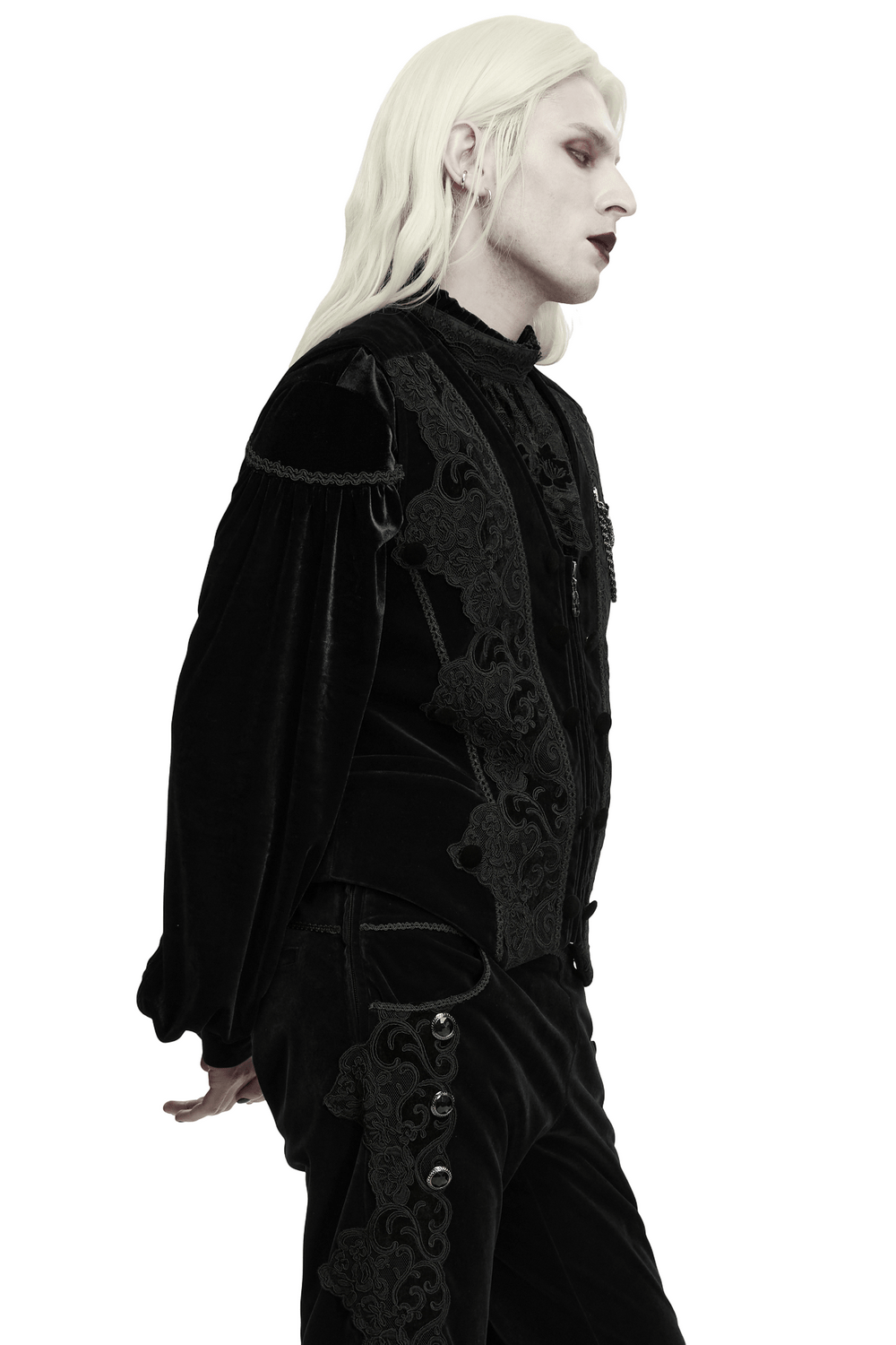 Male Gothic Black Velvet Embroidered Waistcoat with Brooch, black velveteen gothic vest with vine lace trim and chain brooch