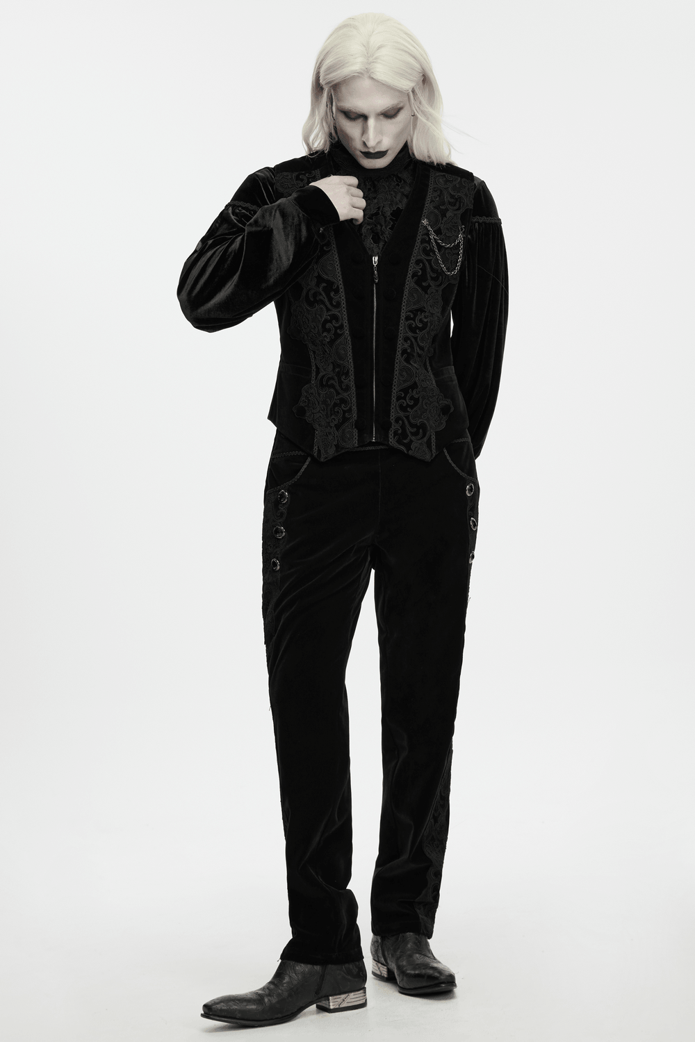 Male Gothic Black Velvet Embroidered Waistcoat with Brooch, dark velvet gothic menswear with chain detail