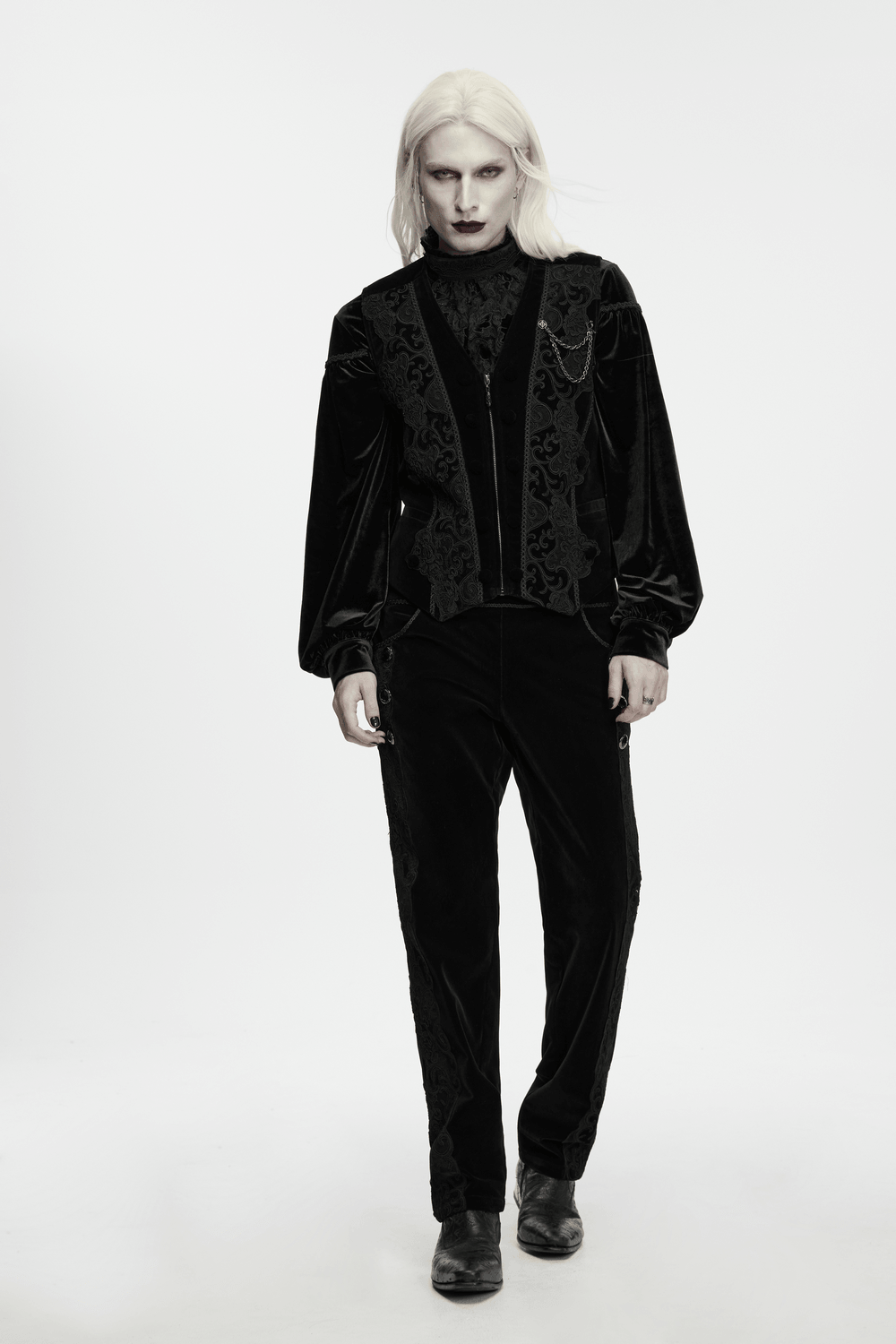 Male Gothic Black Velvet Embroidered Waistcoat with Brooch, dramatic black velveteen gothic vest with chain detail