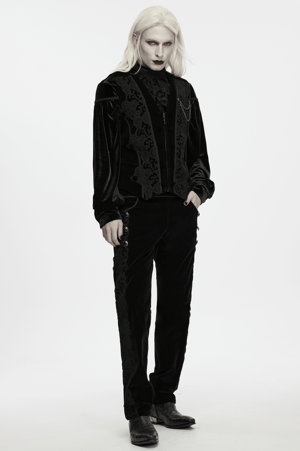 Male Gothic Black Velvet Embroidered Waistcoat with Brooch, dark ornate gothic menswear with chain detail
