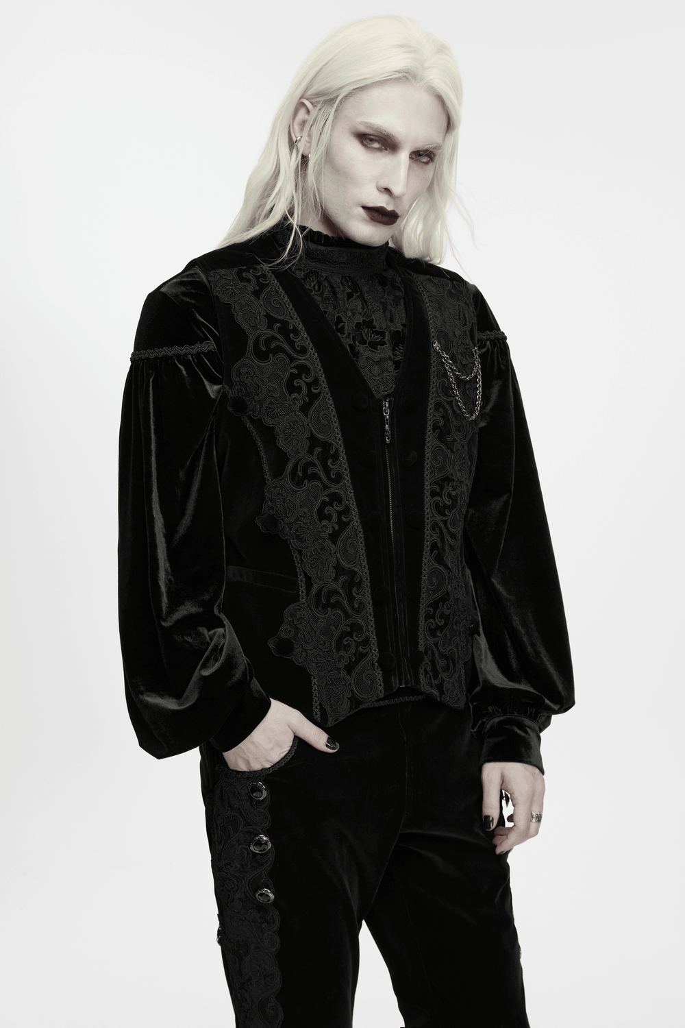 Male Gothic Black Velvet Embroidered Waistcoat with Brooch, ornate black velvet gothic style with embroidered trim