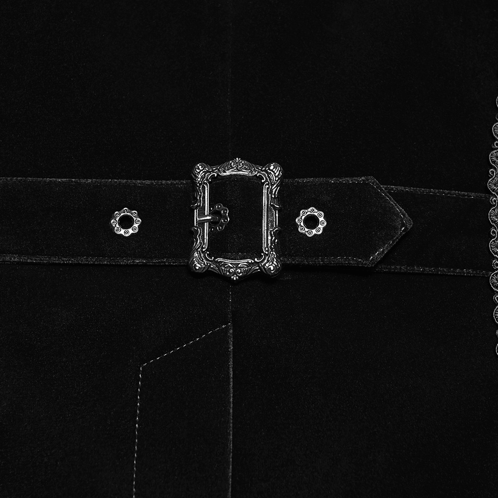 Male Gothic Black Velvet Embroidered Waistcoat with Brooch, black velvet buckle detail and ornate gothic charm
