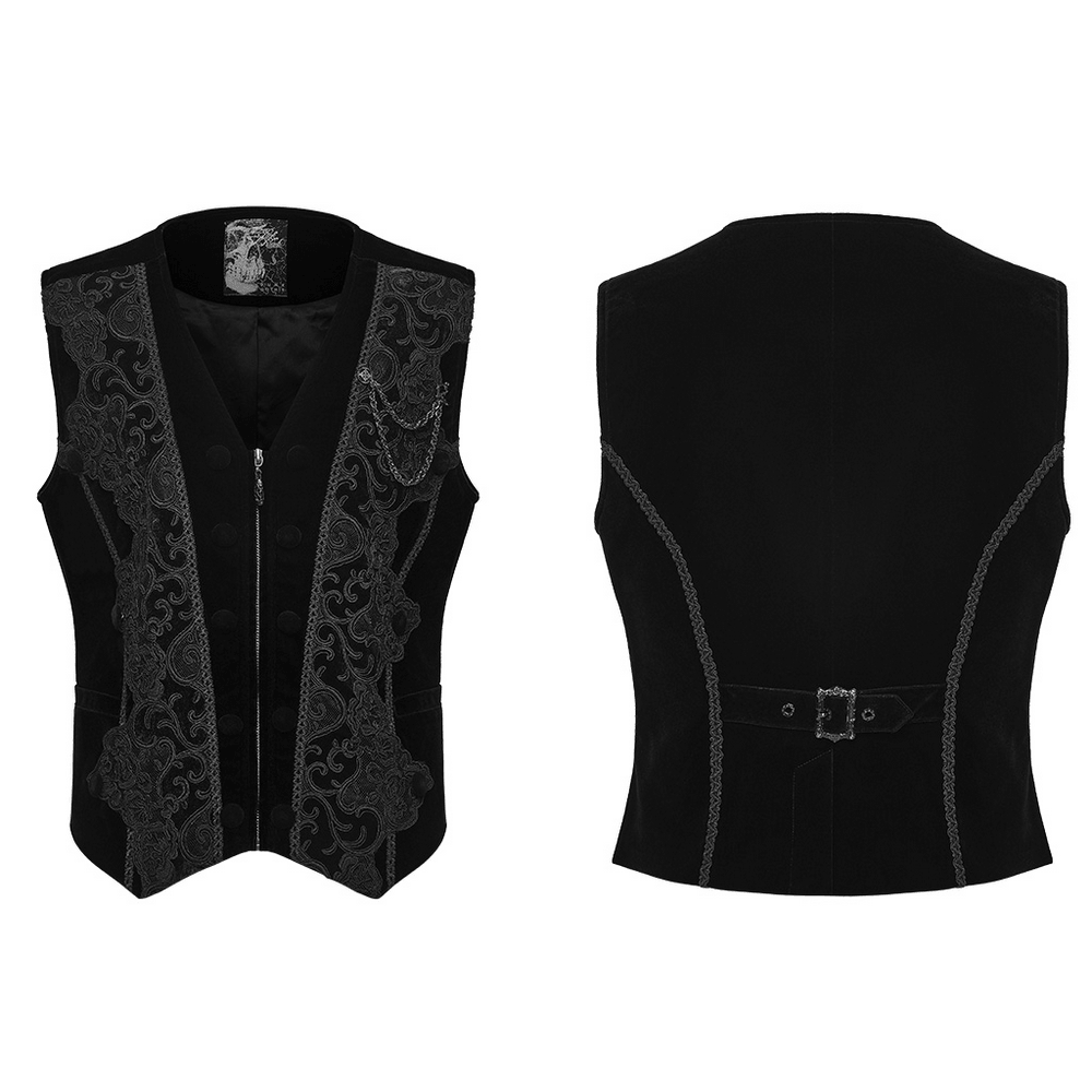 Male Gothic Black Velvet Embroidered Waistcoat with Brooch black velveteen, vine lace trim, chain brooch and back buckle
