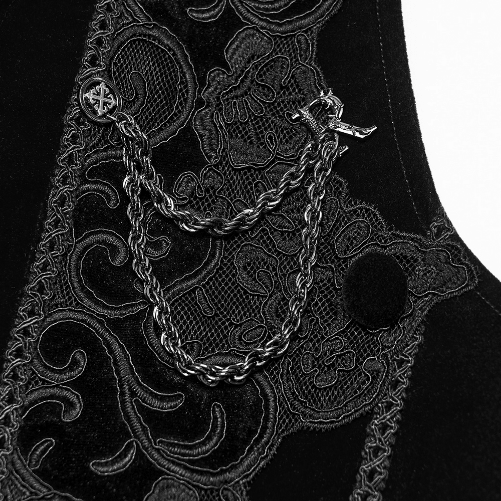 Male Gothic Black Velvet Embroidered Waistcoat with Brooch, ornate black chain brooch and vine embroidery