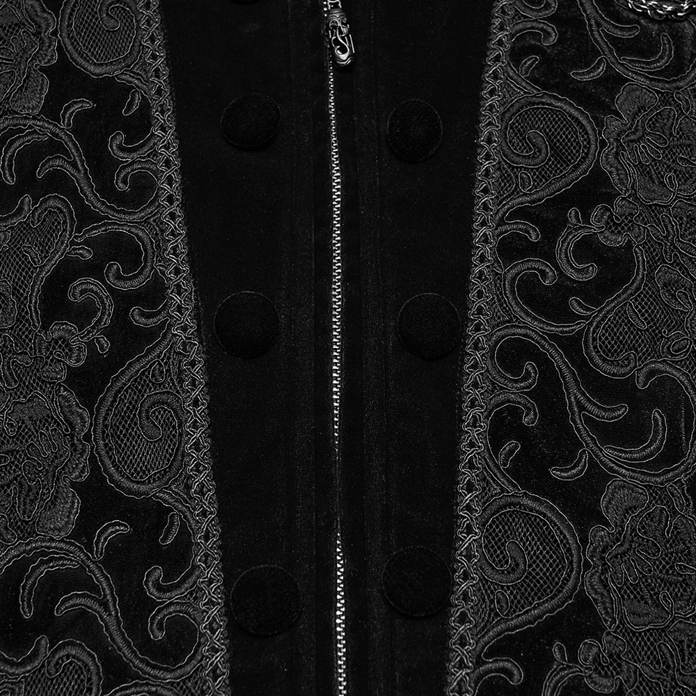 Male Gothic Black Velvet Embroidered Waistcoat with Brooch, black velvet gothic vest with ornate vine embroidery and chain detail