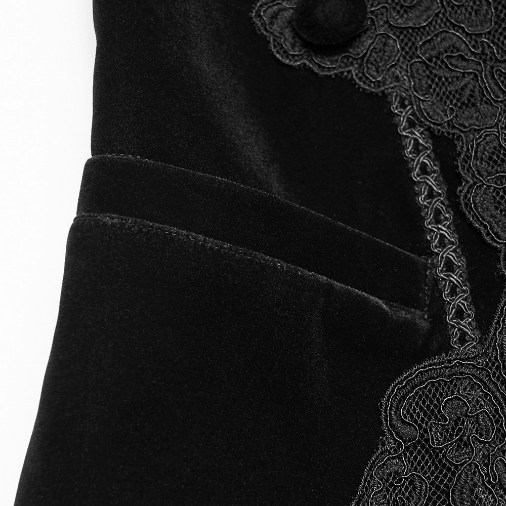 Male Gothic Black Velvet Embroidered Waistcoat with Brooch, black velveteen waistcoat with lace trim and ornate gothic detailing