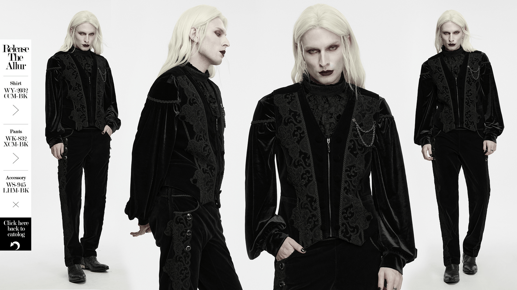Male Gothic Black Velvet Embroidered Waistcoat with Brooch on model in dark ornate gothic outfit