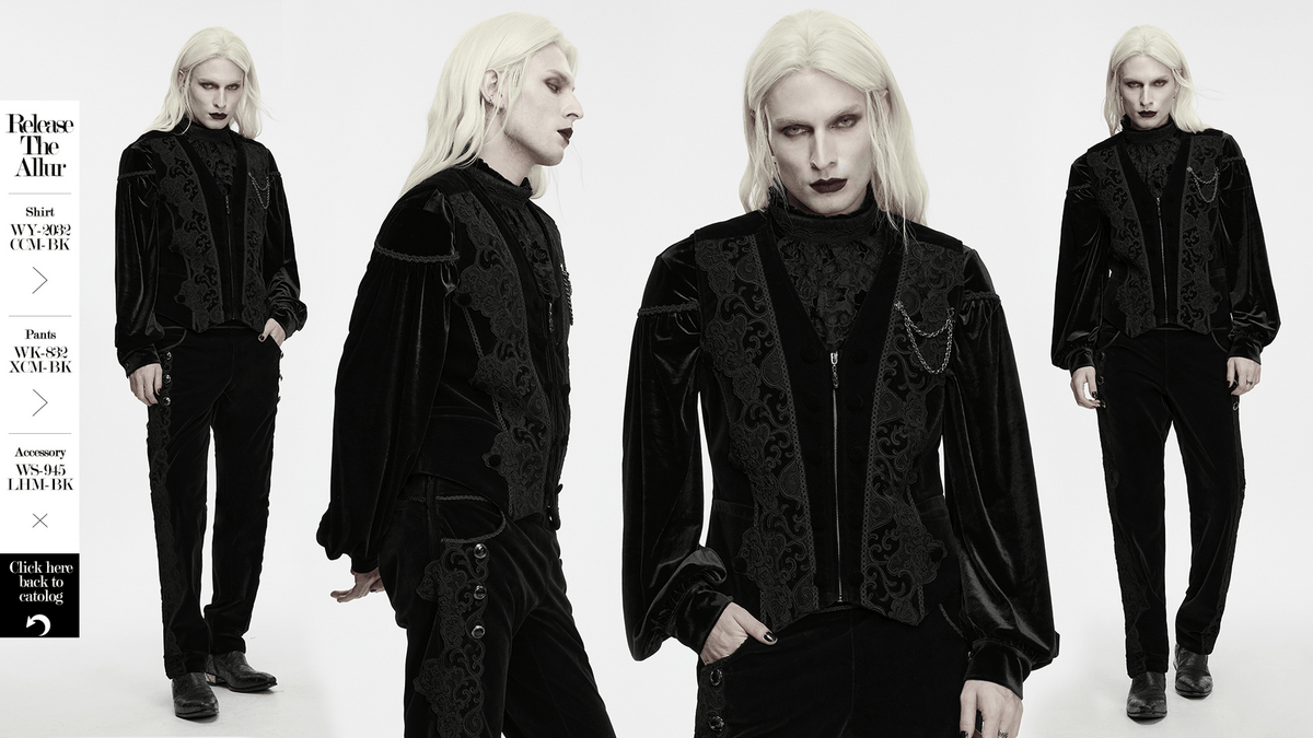 Male Gothic Black Velvet Embroidered Waistcoat with Brooch on model in dark ornate gothic outfit