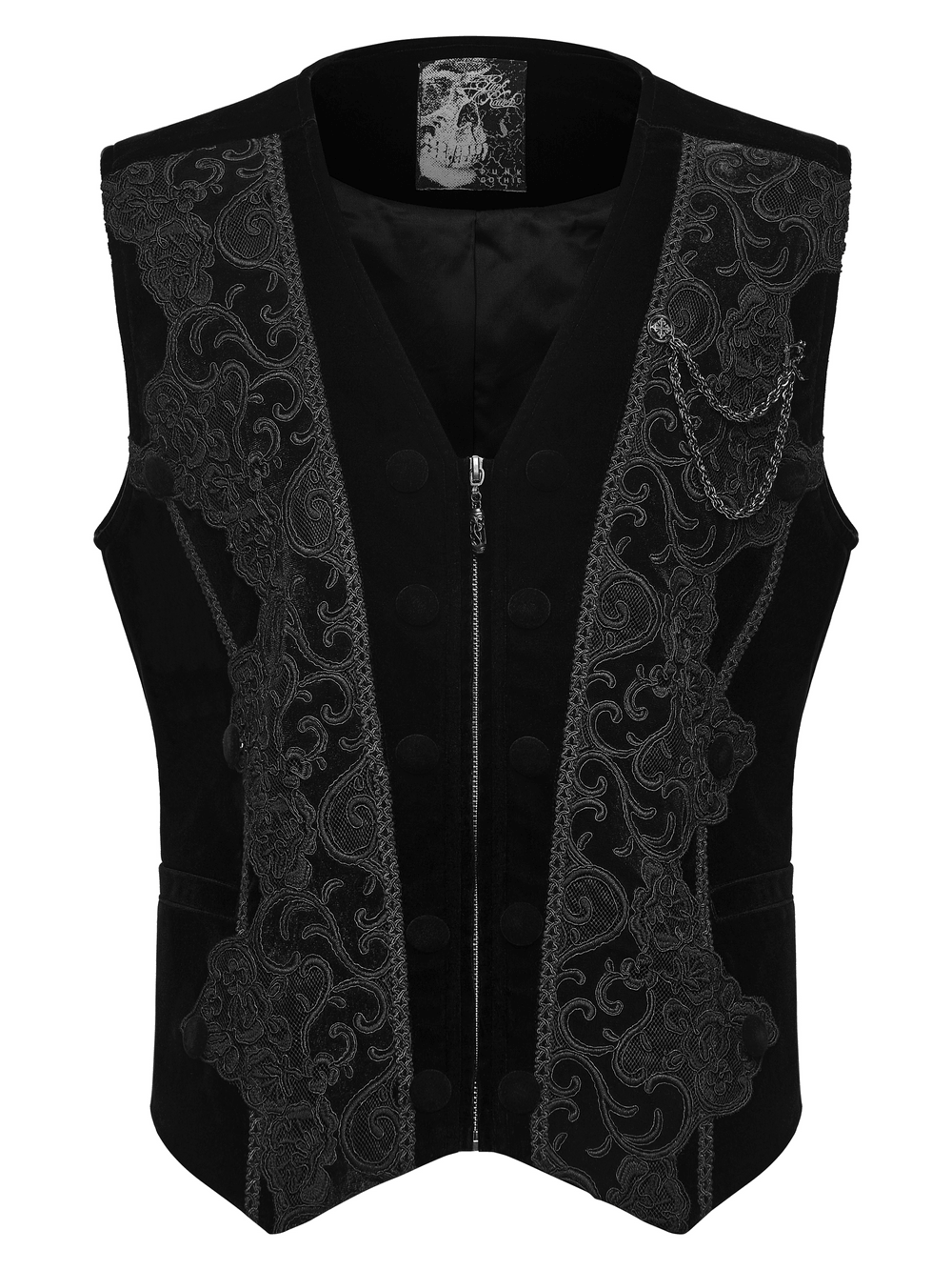 Male Gothic Black Velvet Embroidered Waistcoat with Brooch - black gothic vest with ornate embroidery and chain detail