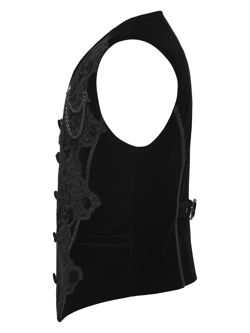Male Gothic Black Velvet Embroidered Waistcoat with Brooch, black velveteen gothic vest with chain brooch and buckle