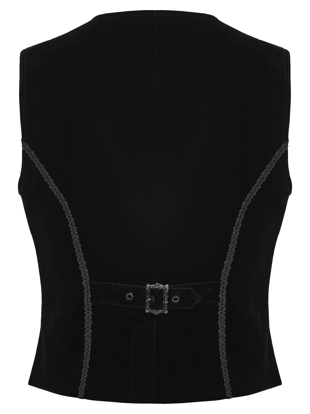 Male Gothic Black Velvet Embroidered Waistcoat with Brooch, black velvet back view with buckle and lace trim