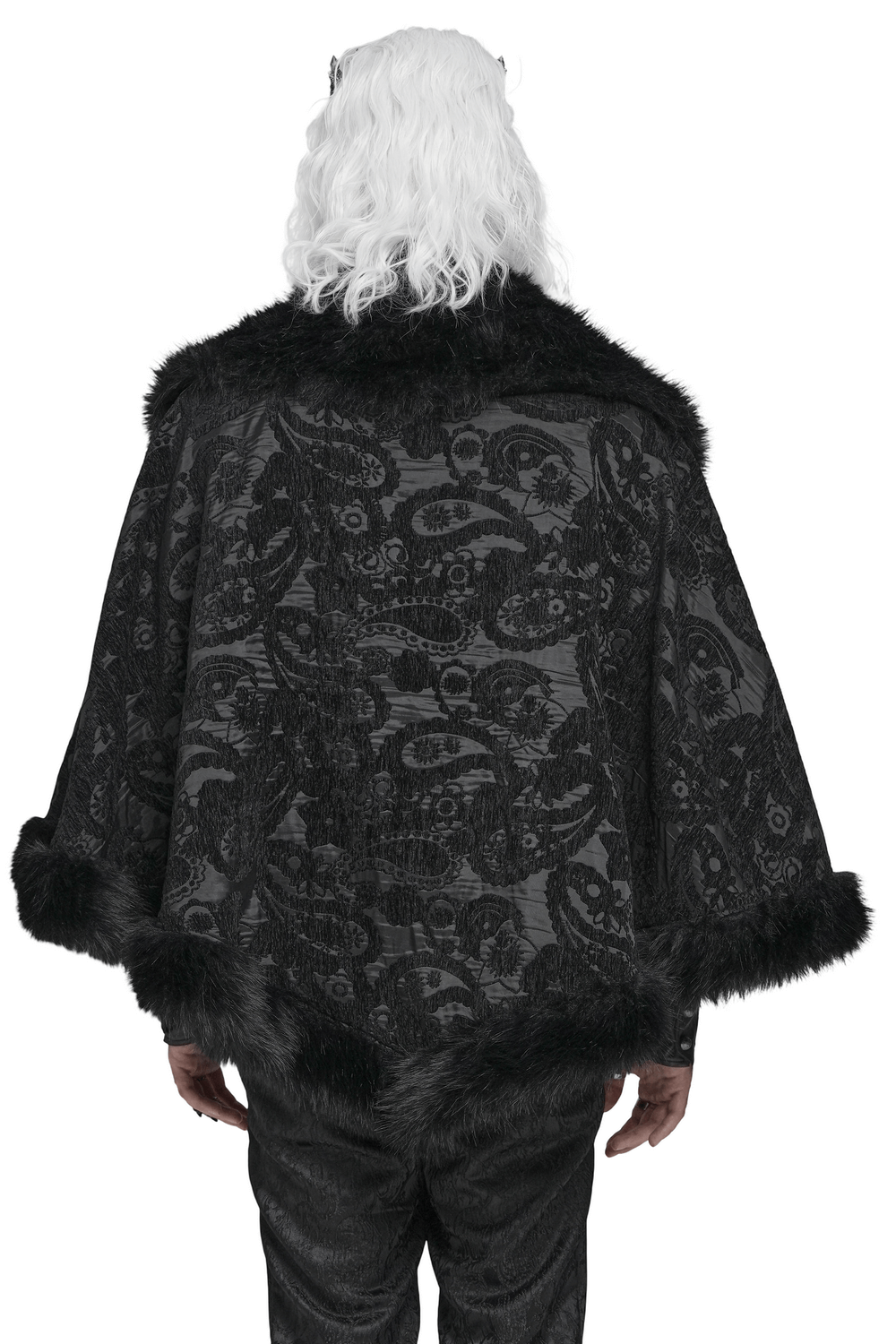 Male Gothic Cape with Faux Fur Collar and Hem Trim, showcasing a brocade design with faux fur edges.
