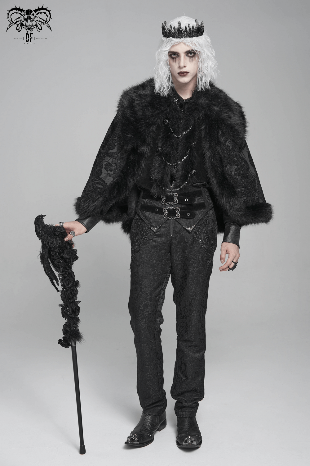 Male Gothic Cape with Faux Fur Collar and Hem Trim worn by a model, showcasing a dark, dramatic look.