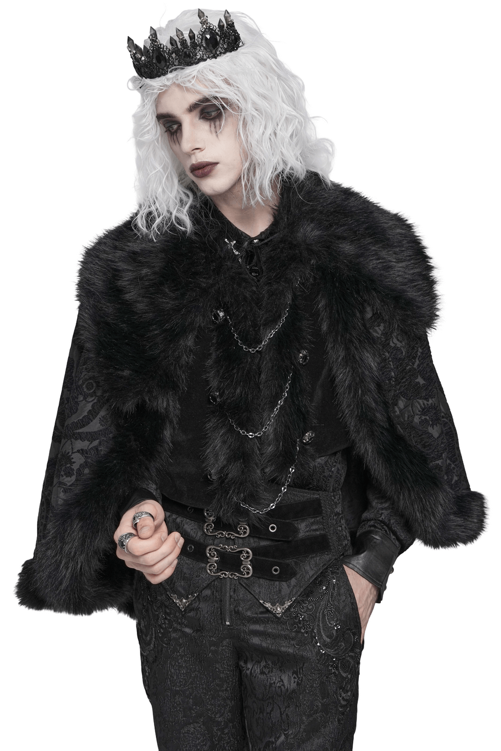 Male Gothic Cape with Faux Fur Collar and Hem Trim worn by a model with a crown and over dark attire.