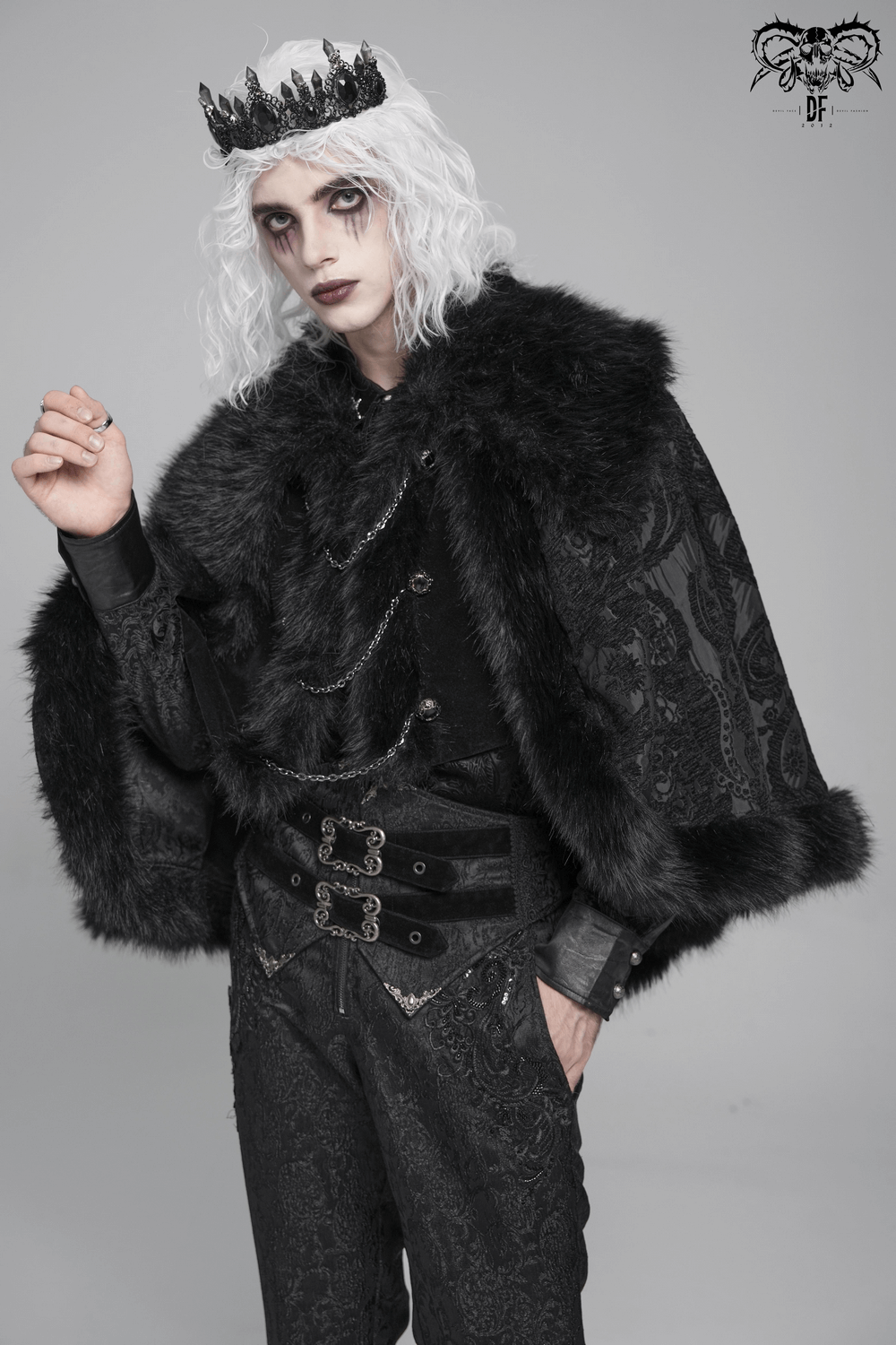 Male Gothic Cape with Faux Fur Collar and Hem Trim worn over dark attire, exuding a dramatic Victorian style.