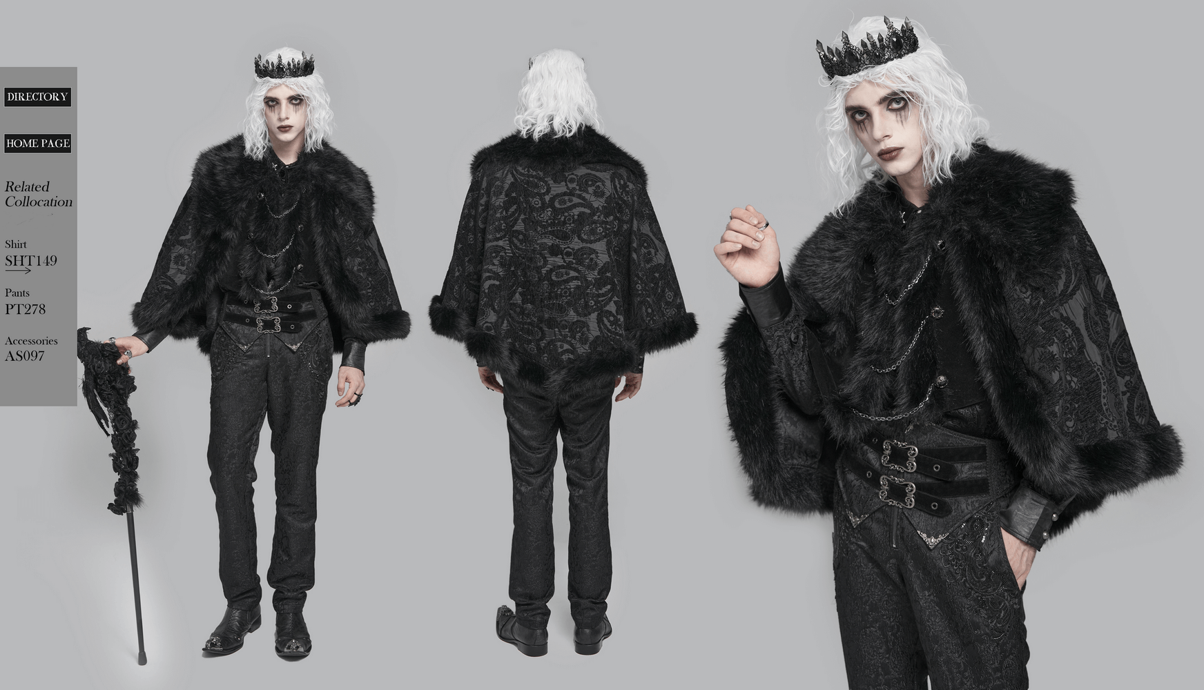 Male Gothic Cape with Faux Fur Collar and Hem Trim worn by a model, showcasing dark brocade and faux fur accents.