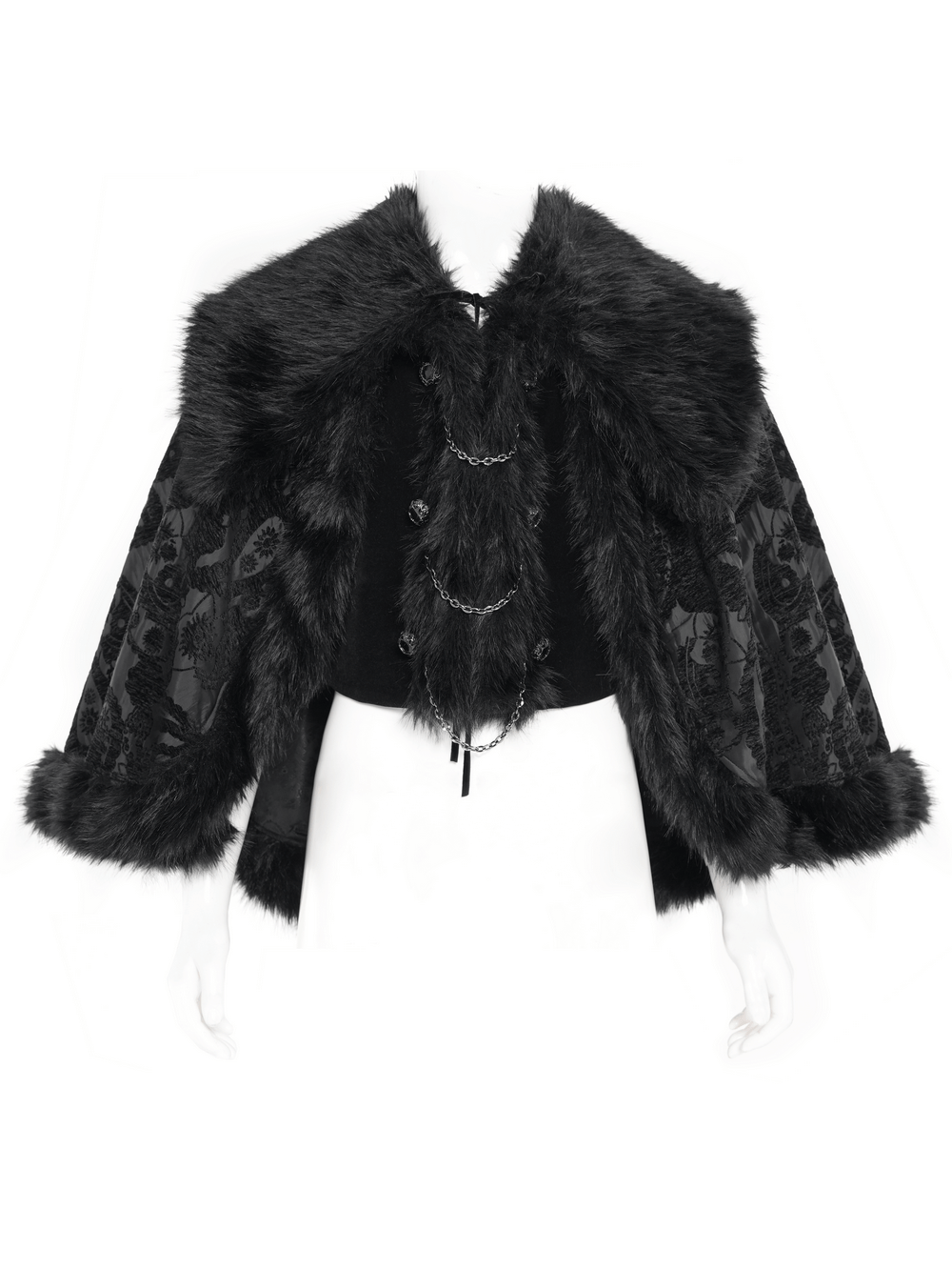 Male Gothic Cape with Faux Fur Collar and Hem Trim featuring stylish fur edges and chains for a dramatic look.
