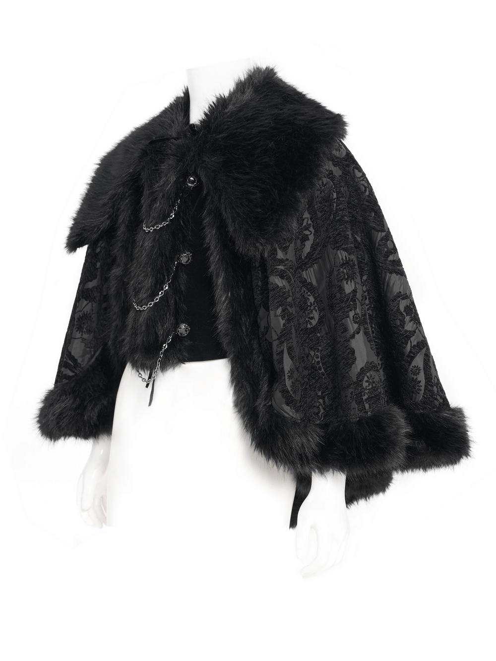 Male Gothic Cape with Faux Fur Collar and Hem Trim showcasing dramatic flowing design and occult style details.
