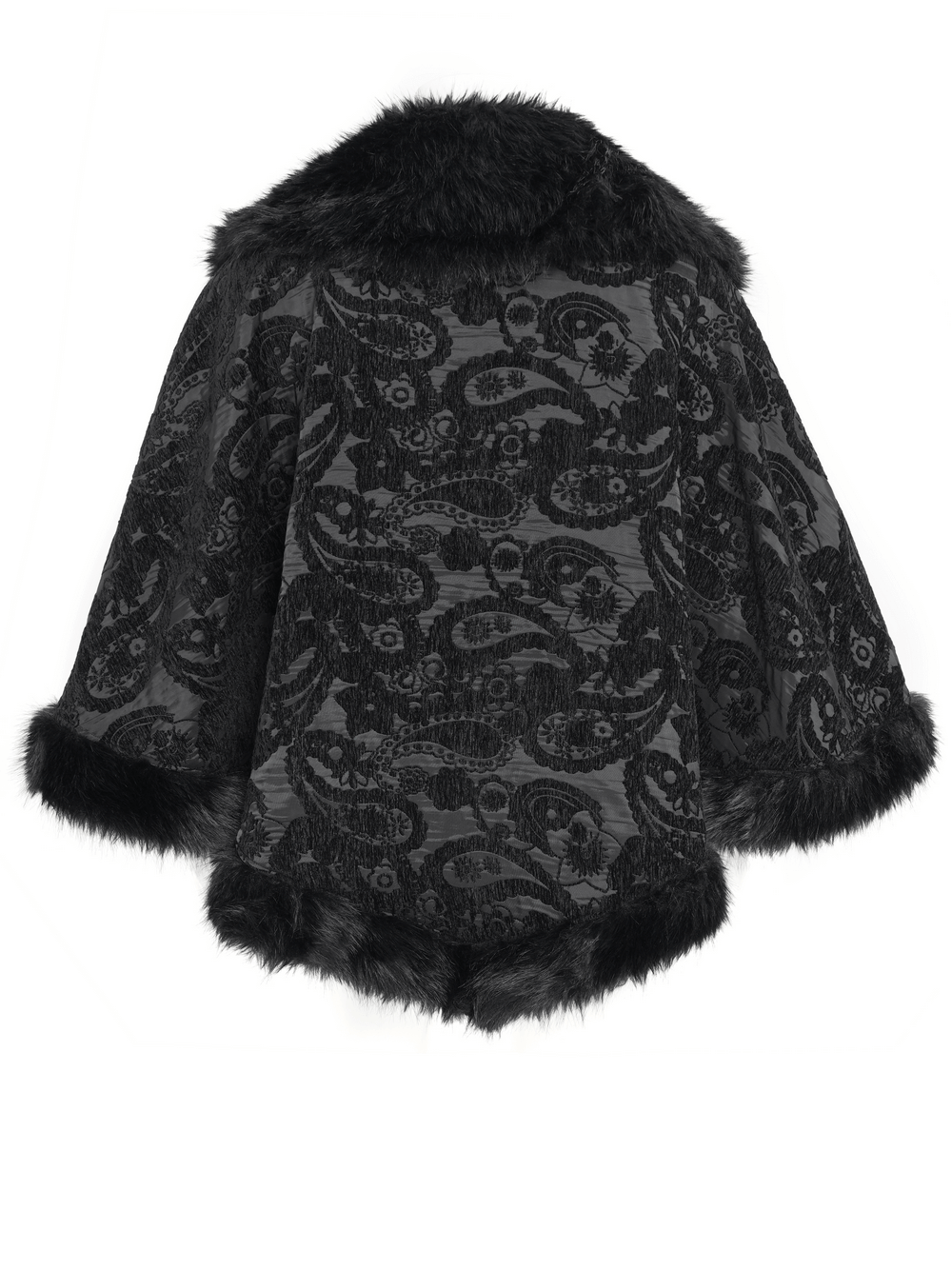 Male Gothic Cape with Faux Fur Collar and Hem Trim showcasing dark brocade and luxurious faux fur edges.