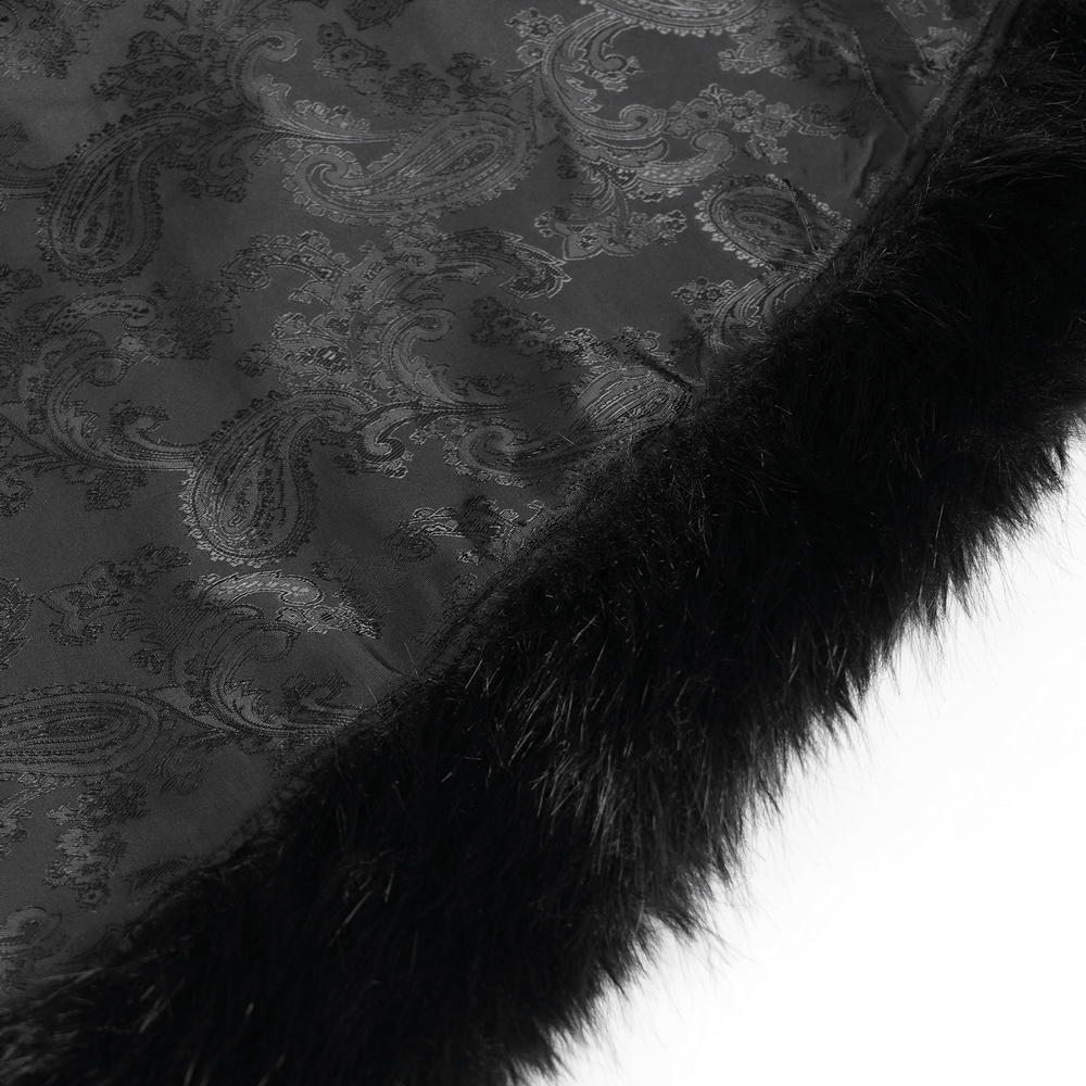 Close-up of Male Gothic Cape with Faux Fur Collar and Hem Trim featuring dark brocade and fur edges.
