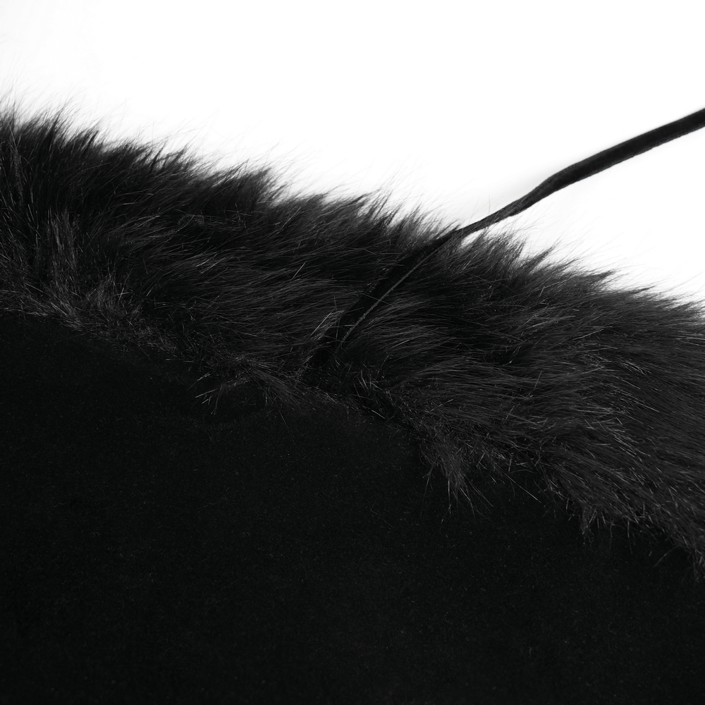 Close-up of the faux fur collar of the Male Gothic Cape with Faux Fur Collar and Hem Trim.