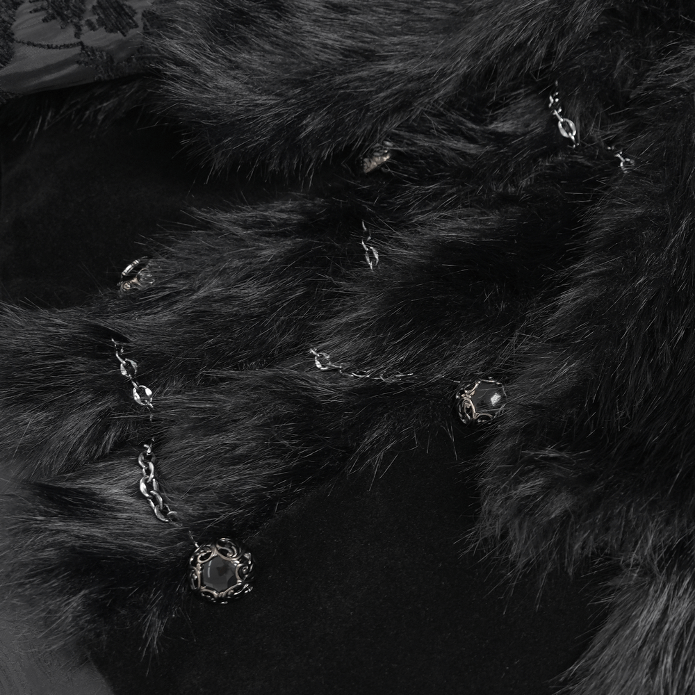 Close-up of the faux fur collar and hem trim on a Male Gothic Cape with Faux Fur Collar and Hem Trim.