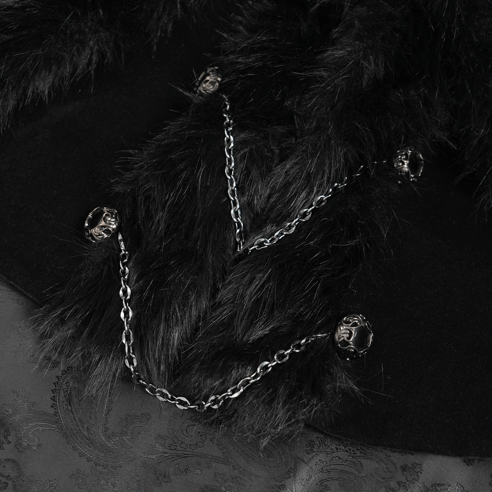 Detail of Male Gothic Cape with Faux Fur Collar and Hem Trim featuring chains and faux fur accents.